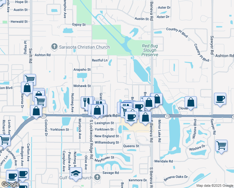 map of restaurants, bars, coffee shops, grocery stores, and more near 5641 Blount Avenue in Sarasota
