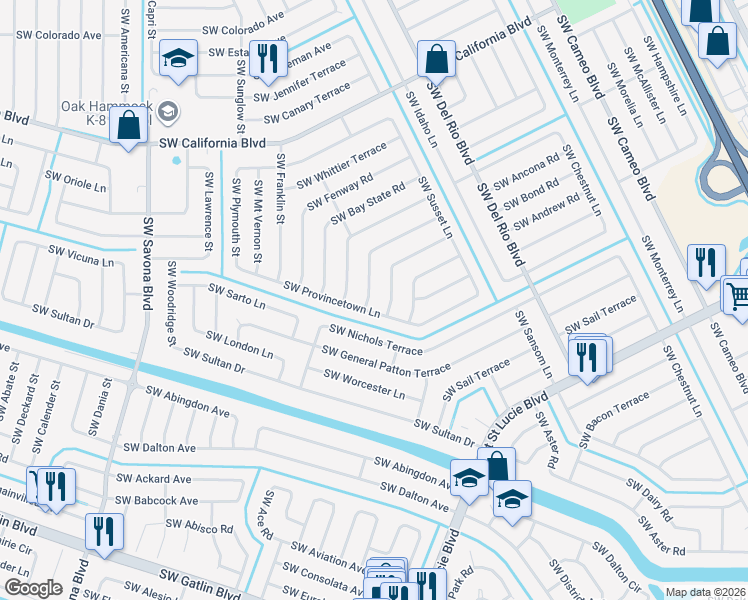 map of restaurants, bars, coffee shops, grocery stores, and more near 925 Southwest Provincetown Lane in Port St. Lucie