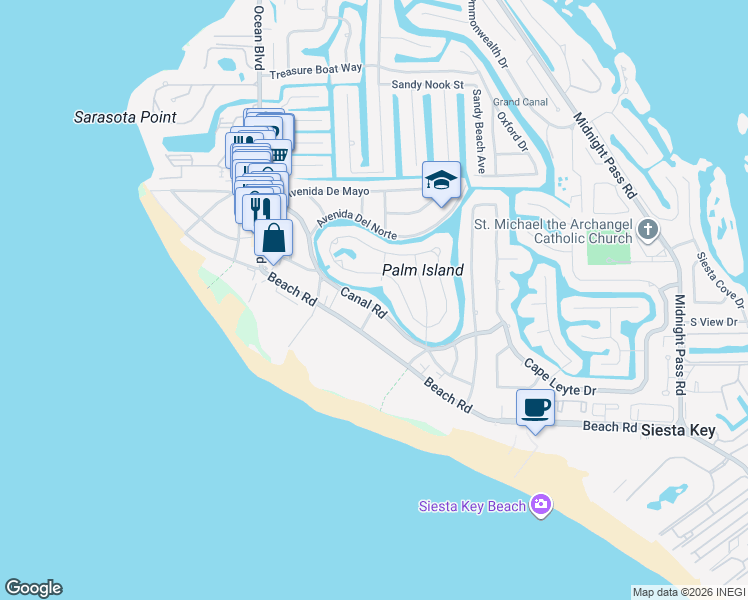 map of restaurants, bars, coffee shops, grocery stores, and more near 456 Canal Road in Siesta Key