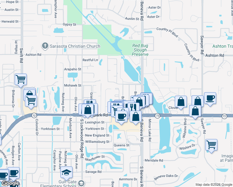 map of restaurants, bars, coffee shops, grocery stores, and more near 3453 Clark Road in Sarasota