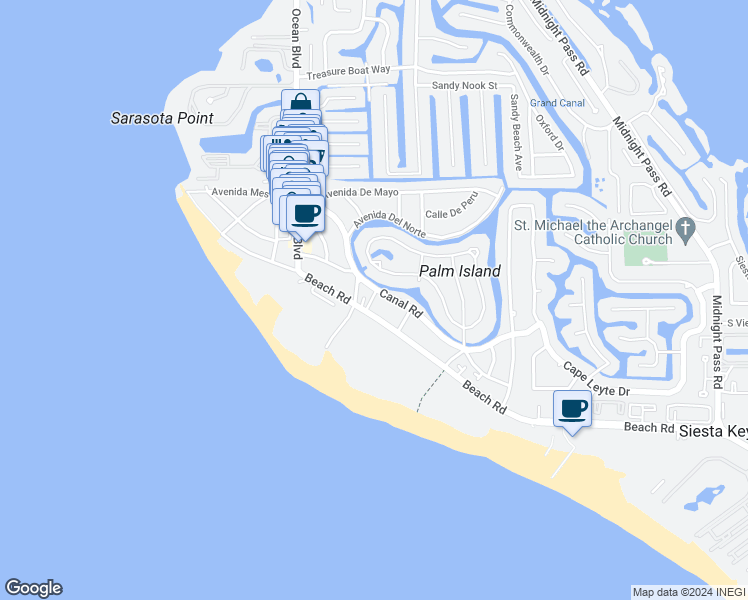 map of restaurants, bars, coffee shops, grocery stores, and more near 411 Beach Road in Siesta Key