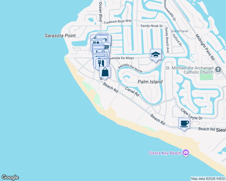map of restaurants, bars, coffee shops, grocery stores, and more near 222 Tenacity Lane in Siesta Key