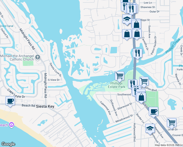 map of restaurants, bars, coffee shops, grocery stores, and more near 5440 Eagles Point Circle in Sarasota