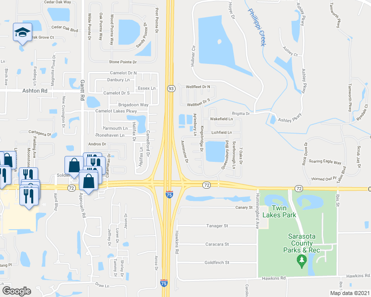 map of restaurants, bars, coffee shops, grocery stores, and more near 5700 Axminster Drive in Sarasota