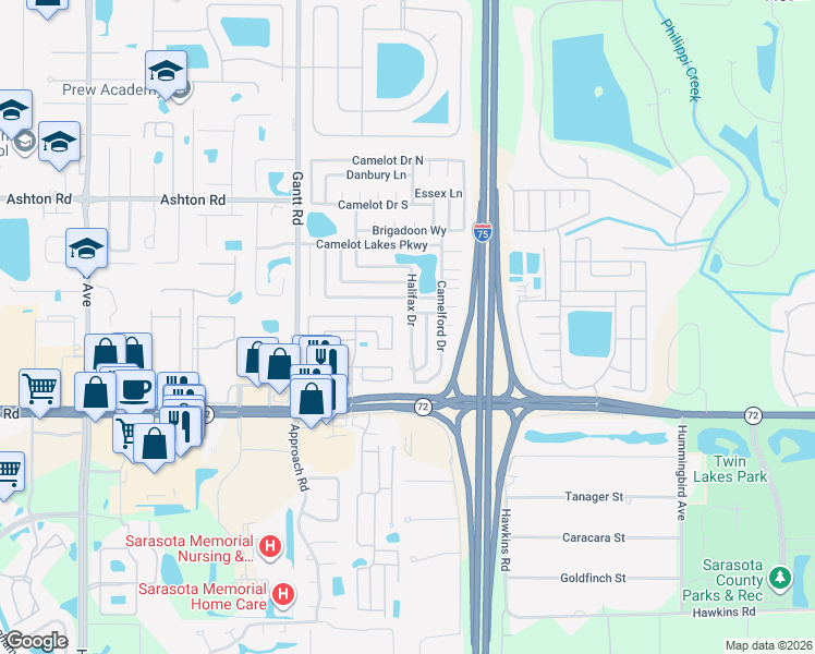 map of restaurants, bars, coffee shops, grocery stores, and more near 5327 Halifax Drive in Sarasota