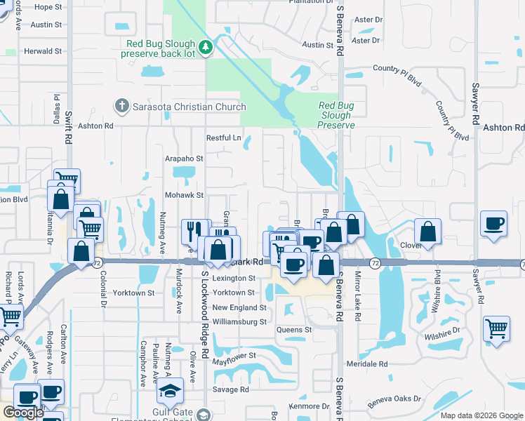 map of restaurants, bars, coffee shops, grocery stores, and more near 5641 Blount Avenue in Sarasota