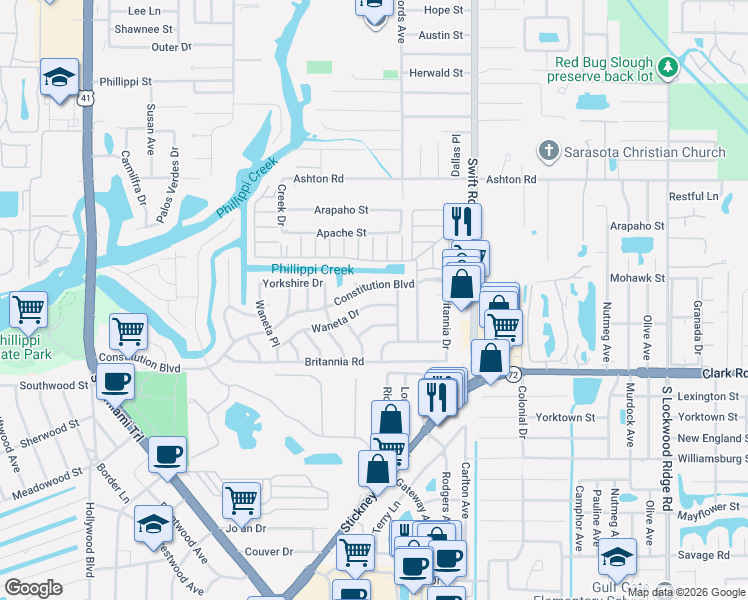 map of restaurants, bars, coffee shops, grocery stores, and more near 2558 Waneta Drive in Sarasota