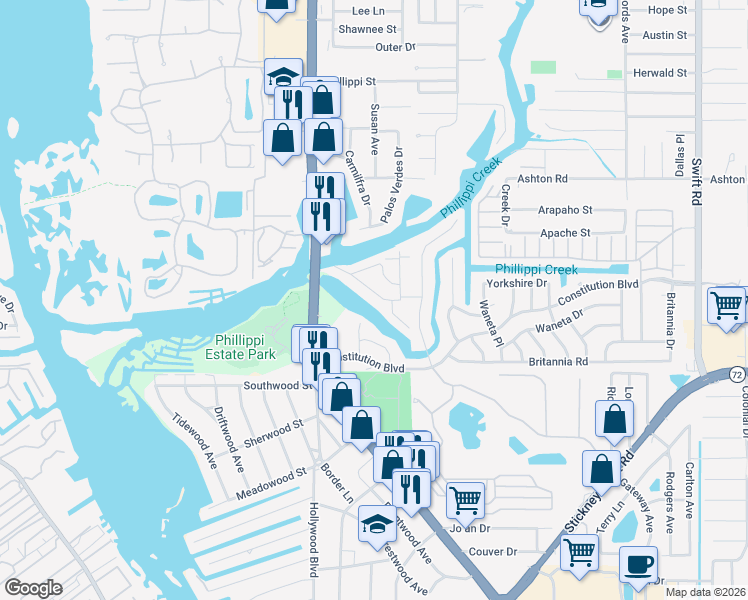 map of restaurants, bars, coffee shops, grocery stores, and more near 5631 Aquitania Place in Sarasota
