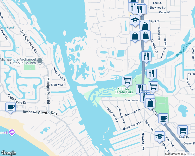 map of restaurants, bars, coffee shops, grocery stores, and more near 5440 Eagles Point Circle in Sarasota