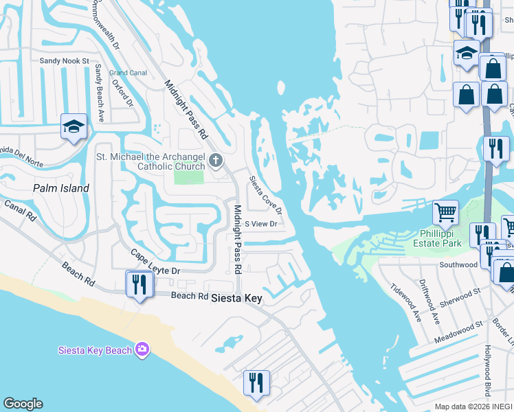 map of restaurants, bars, coffee shops, grocery stores, and more near 5349 Siesta Court in Siesta Key