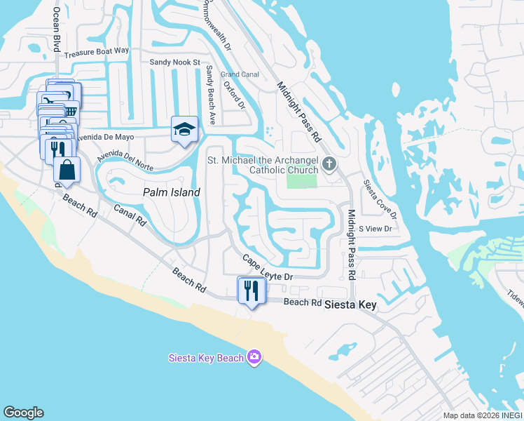 map of restaurants, bars, coffee shops, grocery stores, and more near 5440 Azure Way in Siesta Key