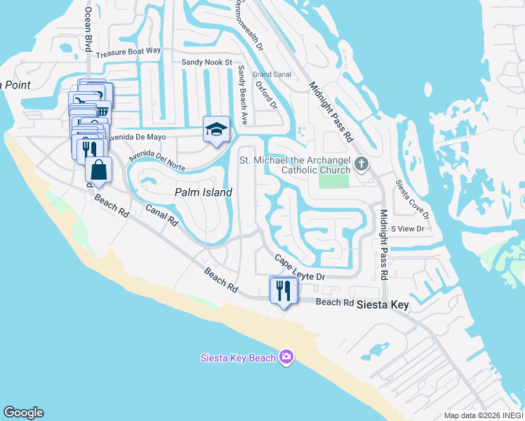 map of restaurants, bars, coffee shops, grocery stores, and more near 5447 Cape Leyte Drive in Siesta Key