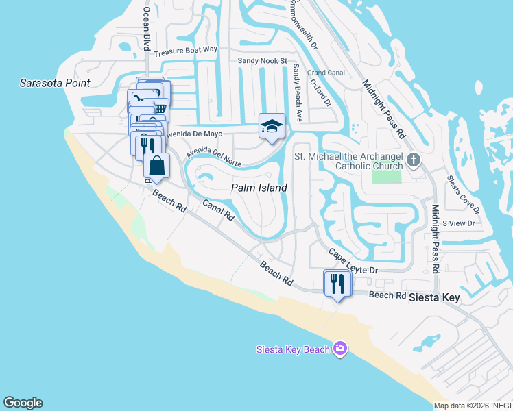 map of restaurants, bars, coffee shops, grocery stores, and more near 5371 Calle Florida in Siesta Key
