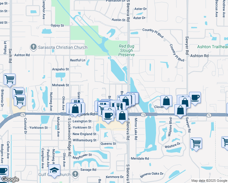 map of restaurants, bars, coffee shops, grocery stores, and more near 5665 Bronx Avenue in Sarasota
