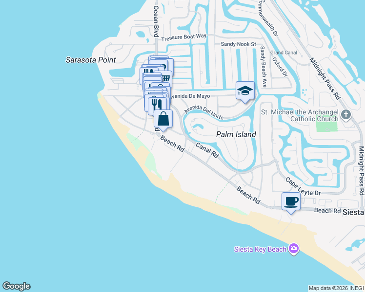 map of restaurants, bars, coffee shops, grocery stores, and more near 411 Beach Road in Siesta Key