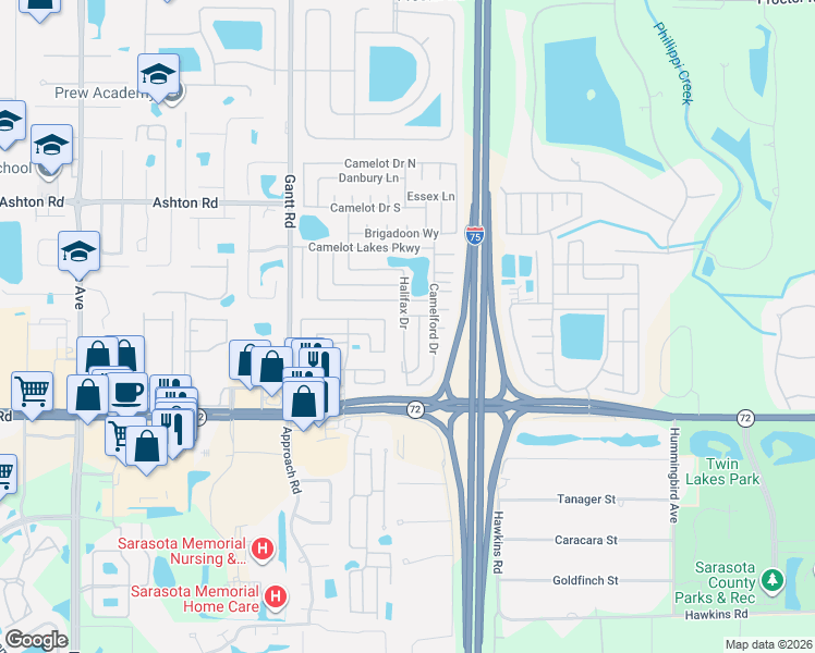 map of restaurants, bars, coffee shops, grocery stores, and more near 5327 Halifax Drive in Sarasota