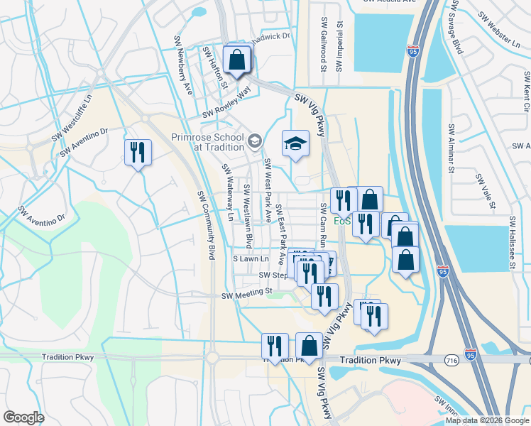 map of restaurants, bars, coffee shops, grocery stores, and more near 10611 Southwest West Park Avenue in Port St. Lucie