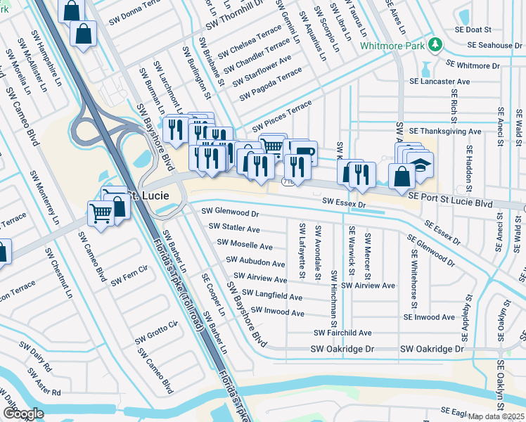 map of restaurants, bars, coffee shops, grocery stores, and more near 201 Southwest Glenwood Drive in Port St. Lucie