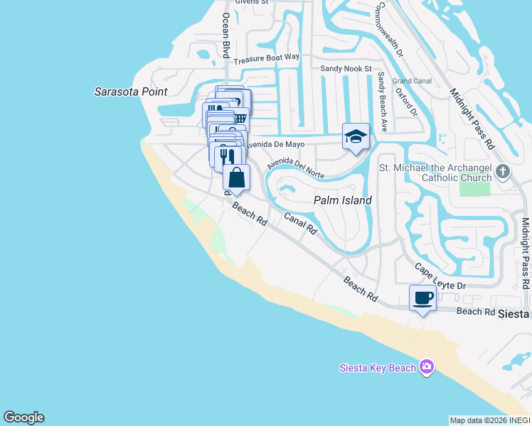 map of restaurants, bars, coffee shops, grocery stores, and more near 306 Island Circle in Siesta Key