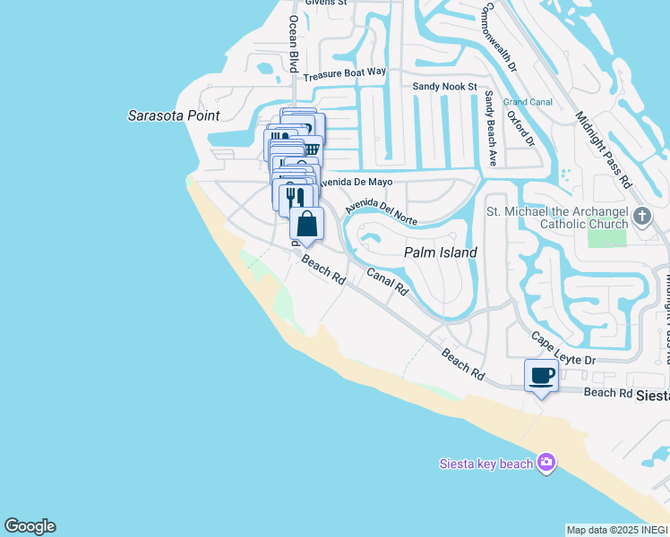 map of restaurants, bars, coffee shops, grocery stores, and more near 300 Calle Miramar in Siesta Key
