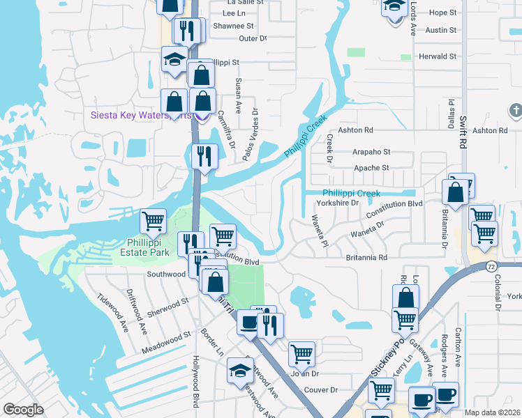 map of restaurants, bars, coffee shops, grocery stores, and more near 2237 Michele Drive in Sarasota