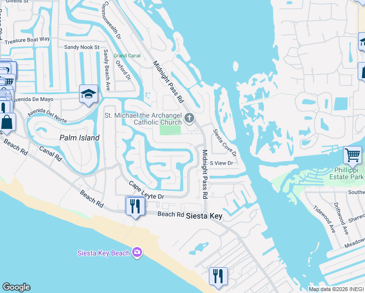 map of restaurants, bars, coffee shops, grocery stores, and more near 5451 Shadow Lawn Drive in Siesta Key