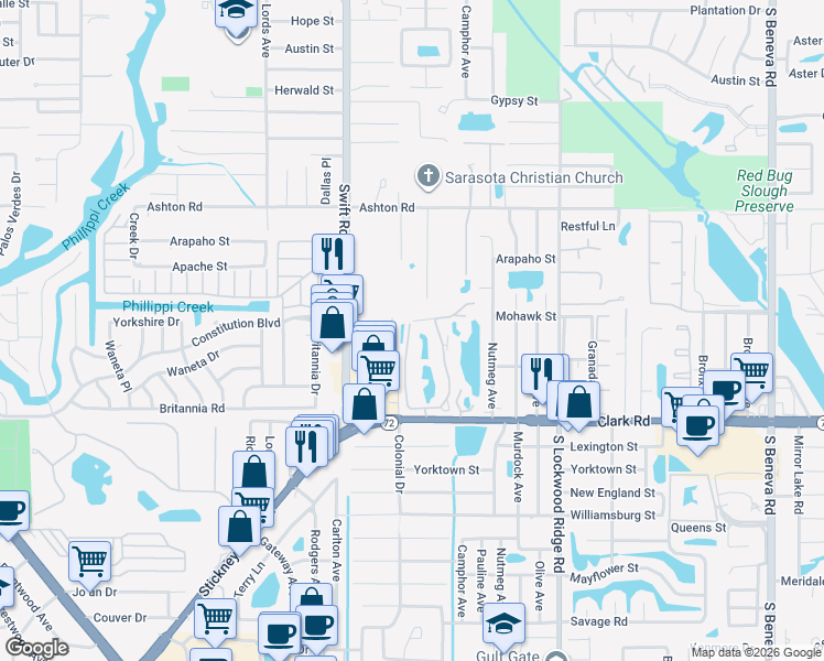 map of restaurants, bars, coffee shops, grocery stores, and more near 5557 Ashton Way in Sarasota