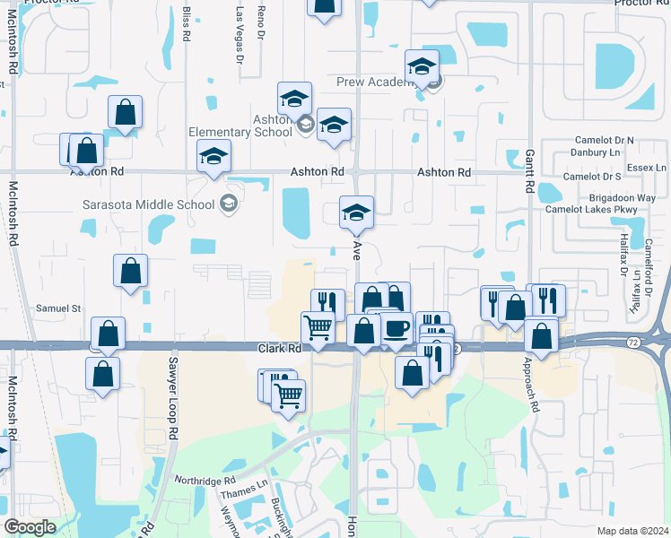 map of restaurants, bars, coffee shops, grocery stores, and more near 5218 Station Way in Sarasota