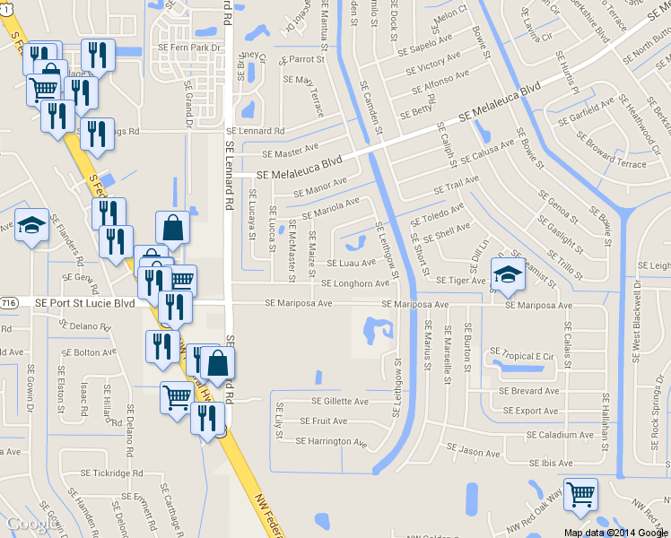 map of restaurants, bars, coffee shops, grocery stores, and more near 2309 Southeast Luau Avenue in Port St. Lucie