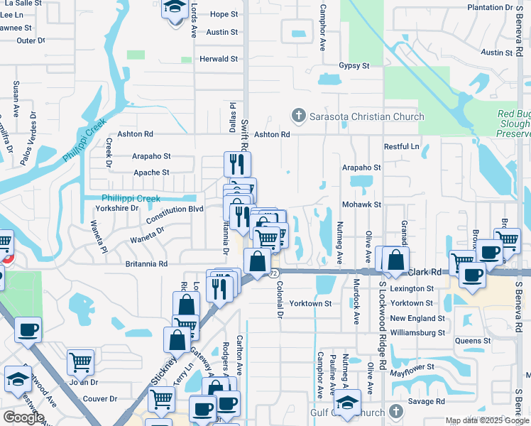 map of restaurants, bars, coffee shops, grocery stores, and more near 2837 Swifton Drive in Sarasota