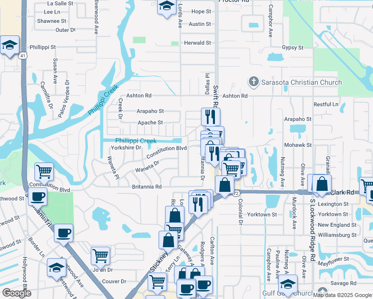 map of restaurants, bars, coffee shops, grocery stores, and more near 2710 Riverbluff Circle in Sarasota