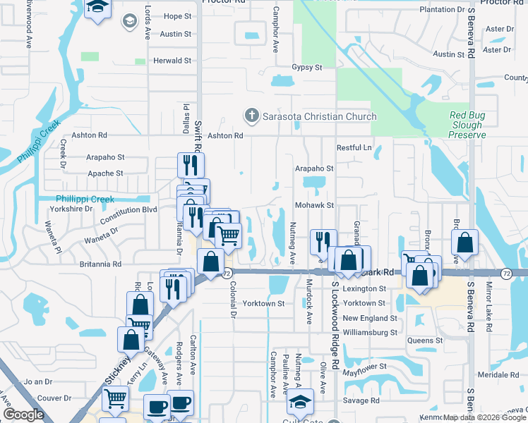 map of restaurants, bars, coffee shops, grocery stores, and more near 5531 Ashton Lake Drive in Sarasota