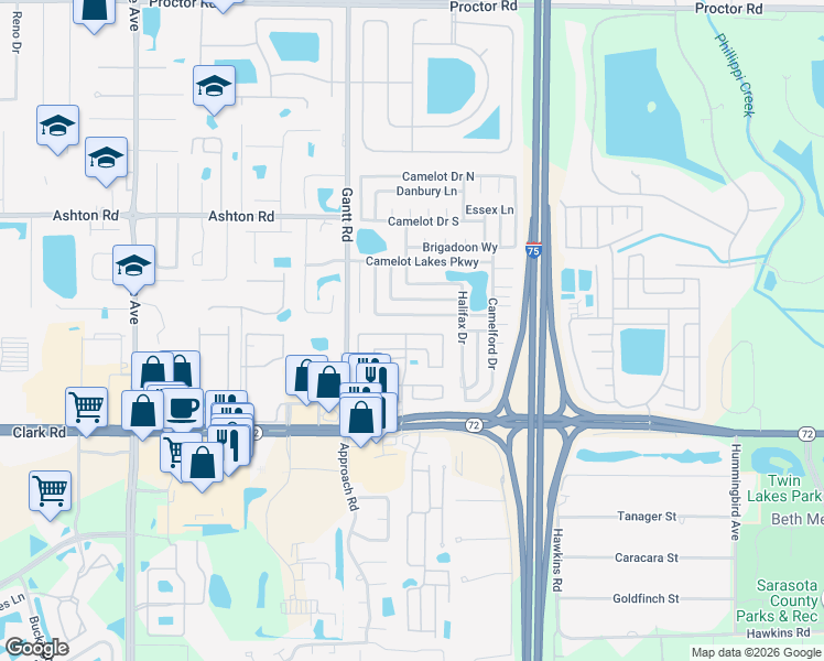 map of restaurants, bars, coffee shops, grocery stores, and more near 5500 Stonehaven Lane in Sarasota