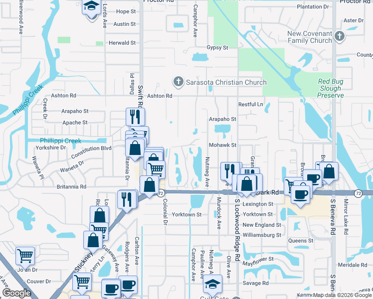map of restaurants, bars, coffee shops, grocery stores, and more near 5531 Ashton Lake Drive in Sarasota