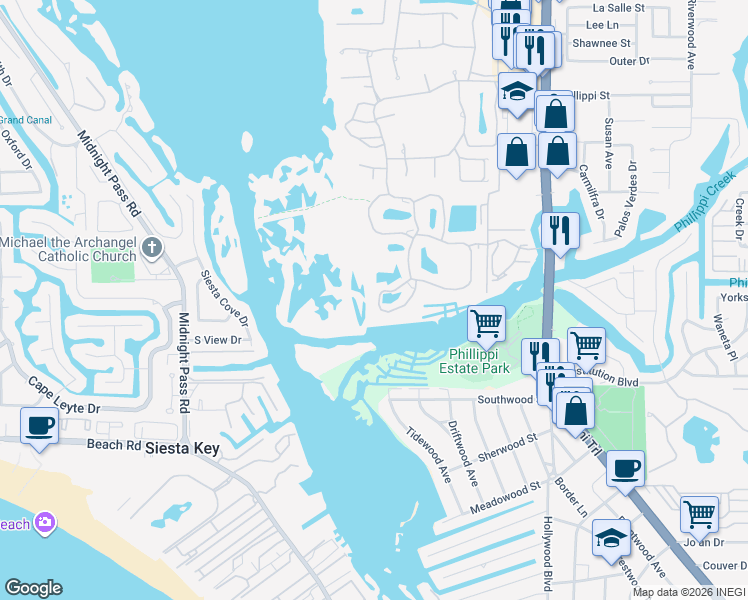 map of restaurants, bars, coffee shops, grocery stores, and more near 5400 Eagles Point Circle in Sarasota
