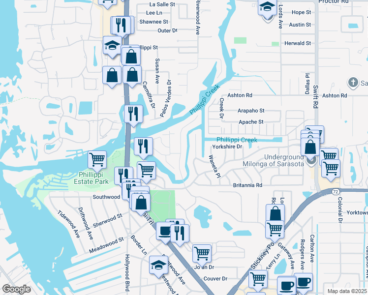 map of restaurants, bars, coffee shops, grocery stores, and more near 5539 America Drive in Sarasota