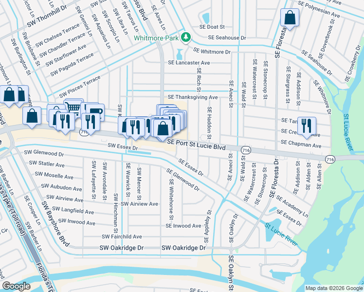 map of restaurants, bars, coffee shops, grocery stores, and more near 2298 Southeast Belvedere Street in Port St. Lucie