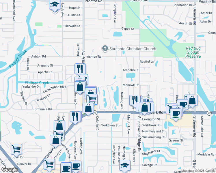 map of restaurants, bars, coffee shops, grocery stores, and more near 5531 Ashton Lake Drive in Sarasota