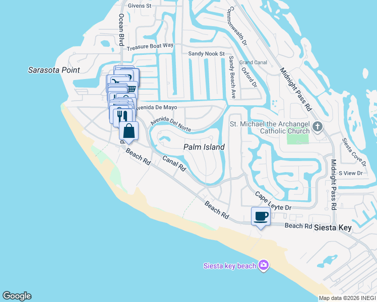 map of restaurants, bars, coffee shops, grocery stores, and more near 418 Island Circle in Siesta Key