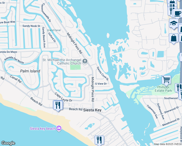 map of restaurants, bars, coffee shops, grocery stores, and more near 1033 Shadow Lawn Way in Siesta Key