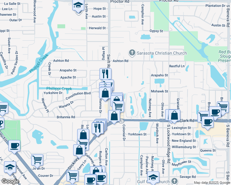 map of restaurants, bars, coffee shops, grocery stores, and more near 2837 Swifton Drive in Sarasota