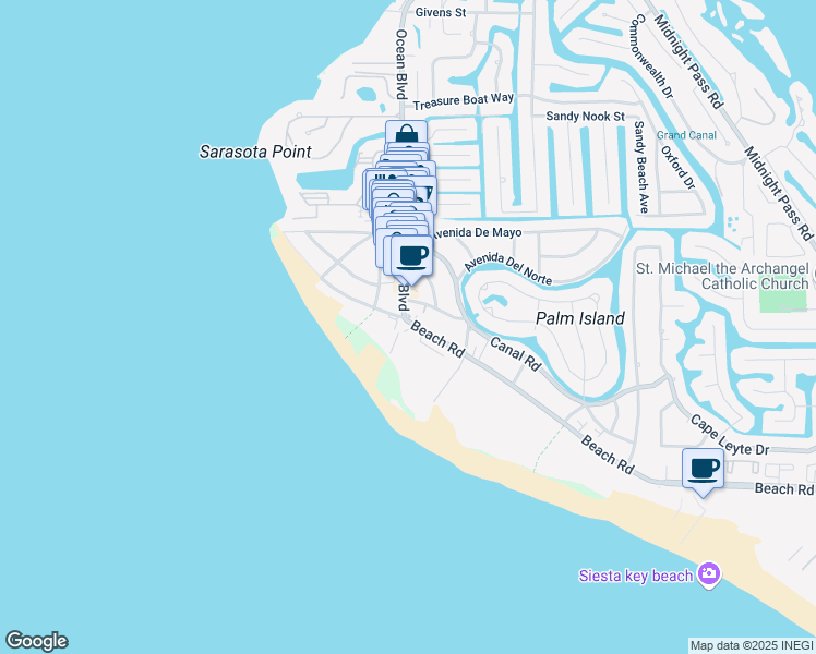 map of restaurants, bars, coffee shops, grocery stores, and more near 5400 Ocean Boulevard in Sarasota