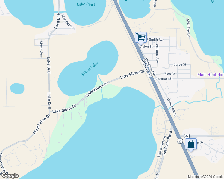 map of restaurants, bars, coffee shops, grocery stores, and more near 246 Lake Mirror Drive in Lake Placid