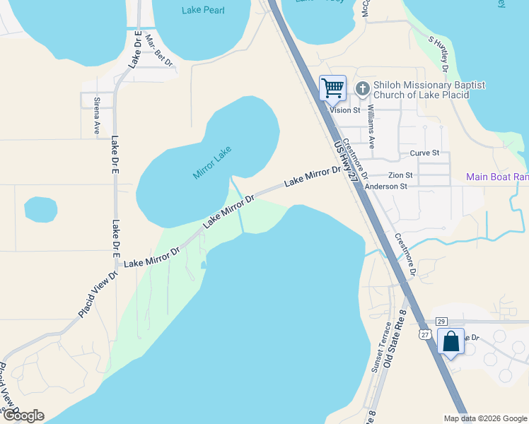 map of restaurants, bars, coffee shops, grocery stores, and more near 246 Lake Mirror Drive in Lake Placid