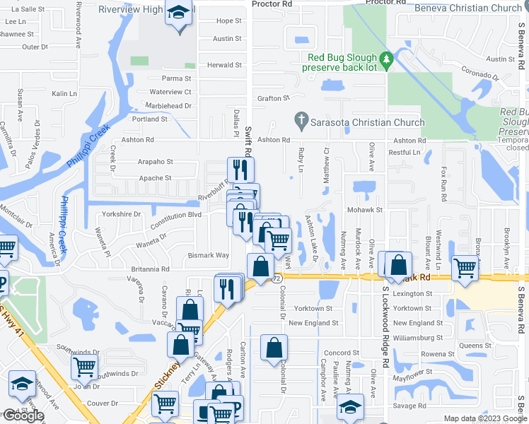 map of restaurants, bars, coffee shops, grocery stores, and more near 2837 Swifton Drive in Sarasota