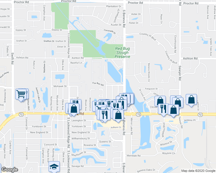 map of restaurants, bars, coffee shops, grocery stores, and more near 3430 Fox Run Road in Sarasota