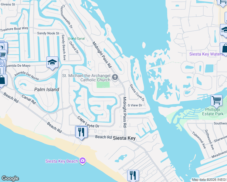 map of restaurants, bars, coffee shops, grocery stores, and more near 5451 Shadow Lawn Drive in Siesta Key