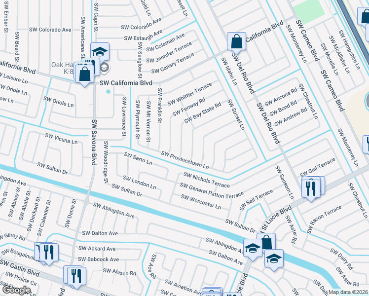 map of restaurants, bars, coffee shops, grocery stores, and more near 1051 Southwest Longfellow Road in Port St. Lucie