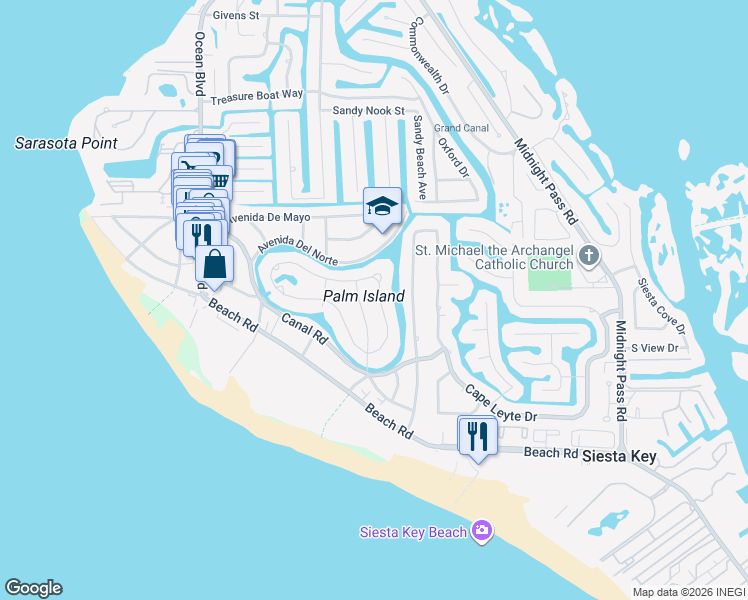 map of restaurants, bars, coffee shops, grocery stores, and more near 95 Island Circle in Siesta Key