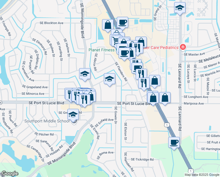 map of restaurants, bars, coffee shops, grocery stores, and more near 2300 Southeast Gowin Drive in Port St. Lucie